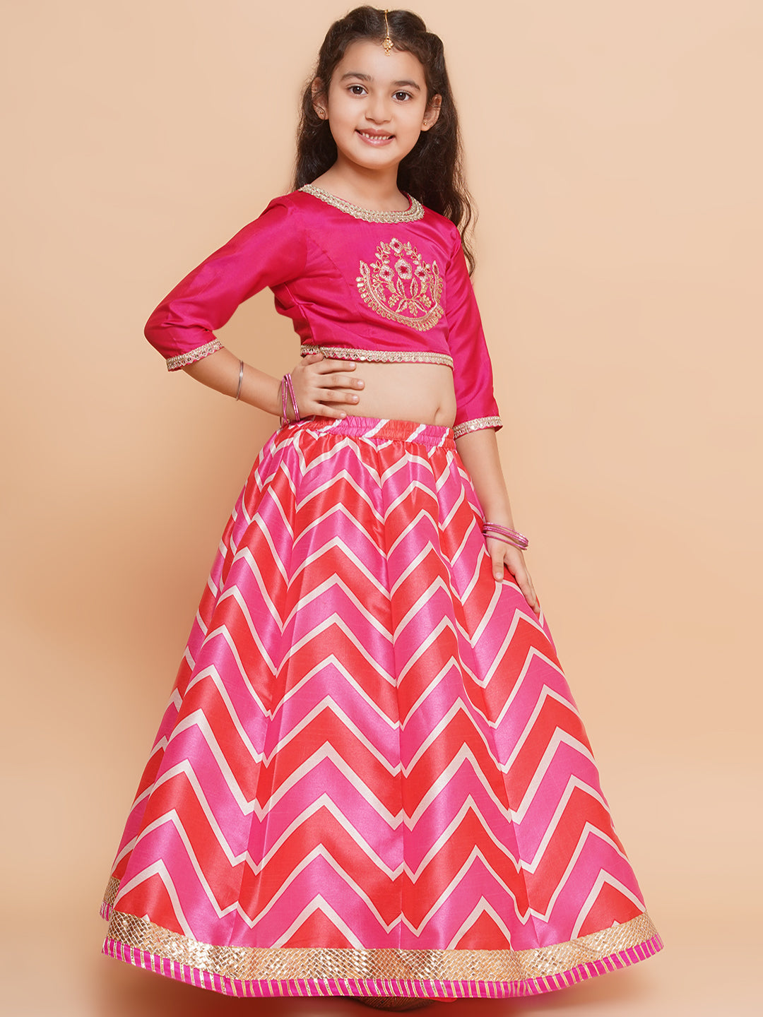Girls Pink & White Embroidered Choli Pink Zig Zag Printed Lehenga with Dupatta - Bhama - Distacart