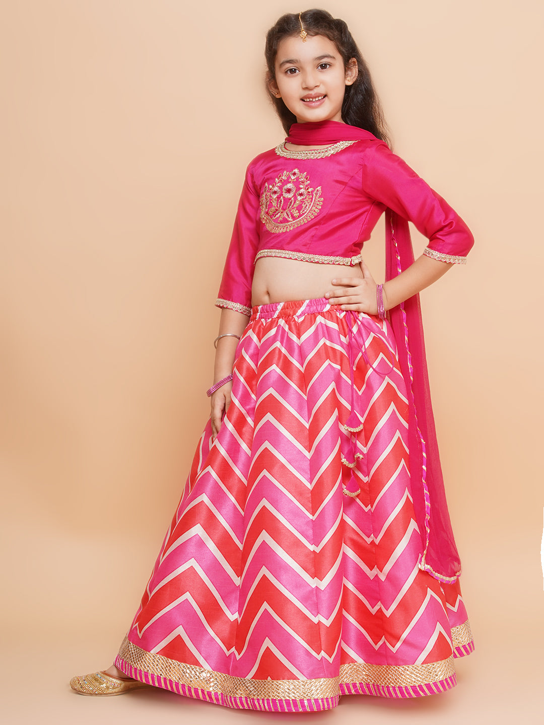 Girls Pink & White Embroidered Choli Pink Zig Zag Printed Lehenga with Dupatta - Bhama - Distacart