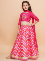 Thumbnail for Girls Pink & White Embroidered Choli Pink Zig Zag Printed Lehenga with Dupatta - Bhama - Distacart