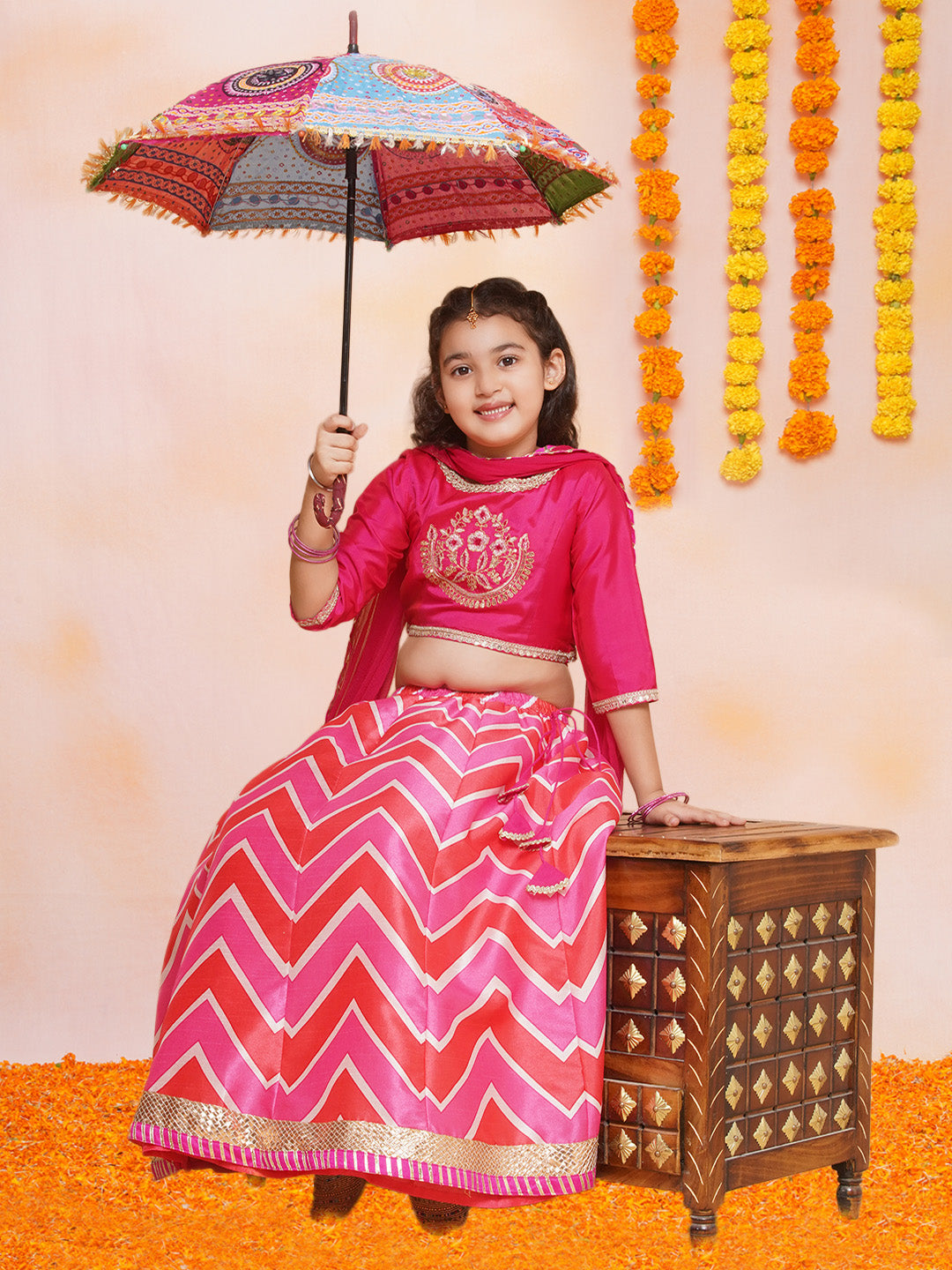 Girls Pink & White Embroidered Choli Pink Zig Zag Printed Lehenga with Dupatta - Bhama - Distacart