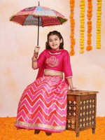 Thumbnail for Girls Pink & White Embroidered Choli Pink Zig Zag Printed Lehenga with Dupatta - Bhama - Distacart