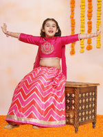 Thumbnail for Girls Pink & White Embroidered Choli Pink Zig Zag Printed Lehenga with Dupatta - Bhama - Distacart