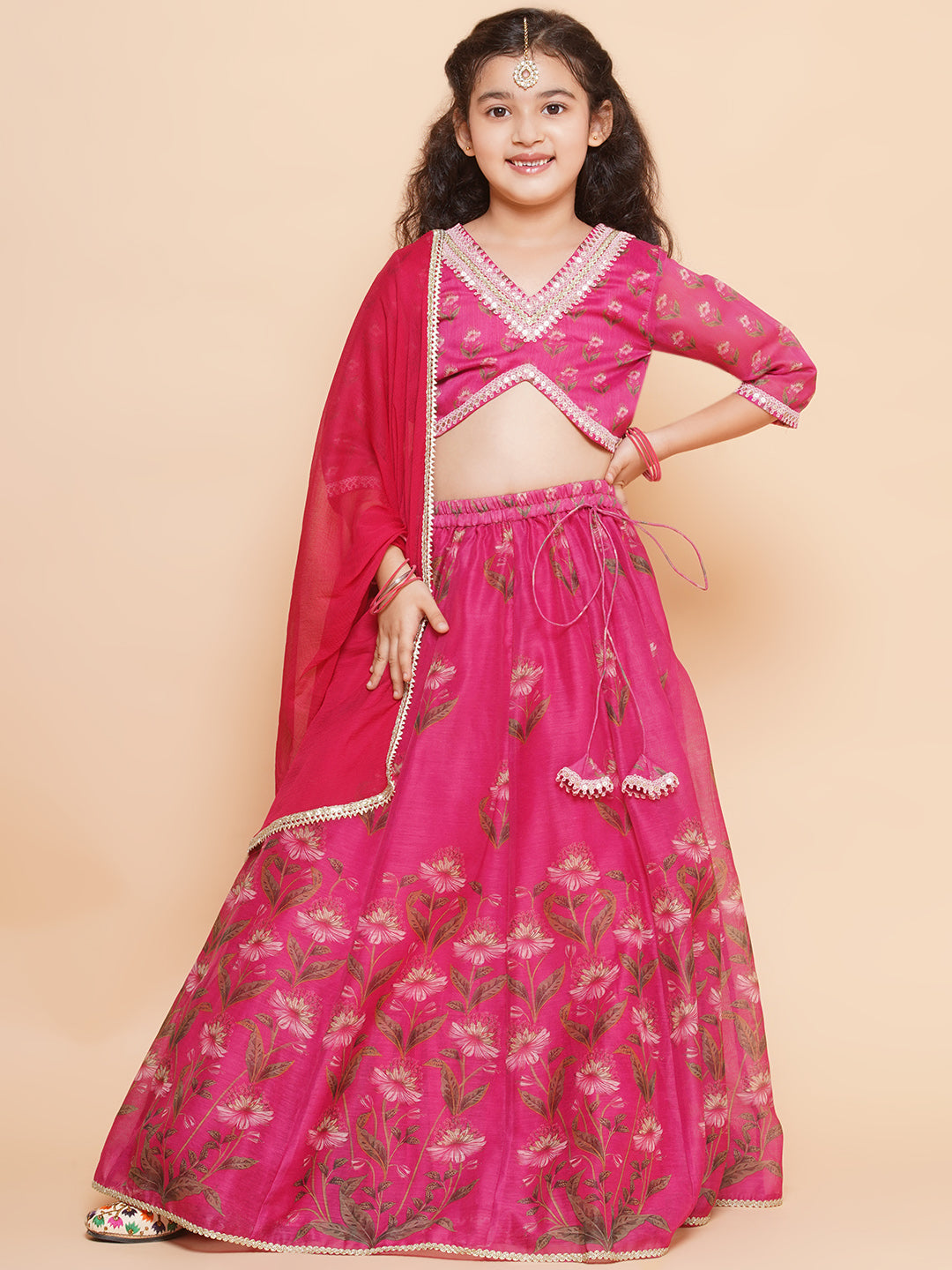 Girls Dark Pink Floral Printed Ready to Wear Lehenga & Blouse With Dupatta - Bhama - Distacart