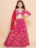 Thumbnail for Girls Dark Pink Floral Printed Ready to Wear Lehenga & Blouse With Dupatta - Bhama - Distacart