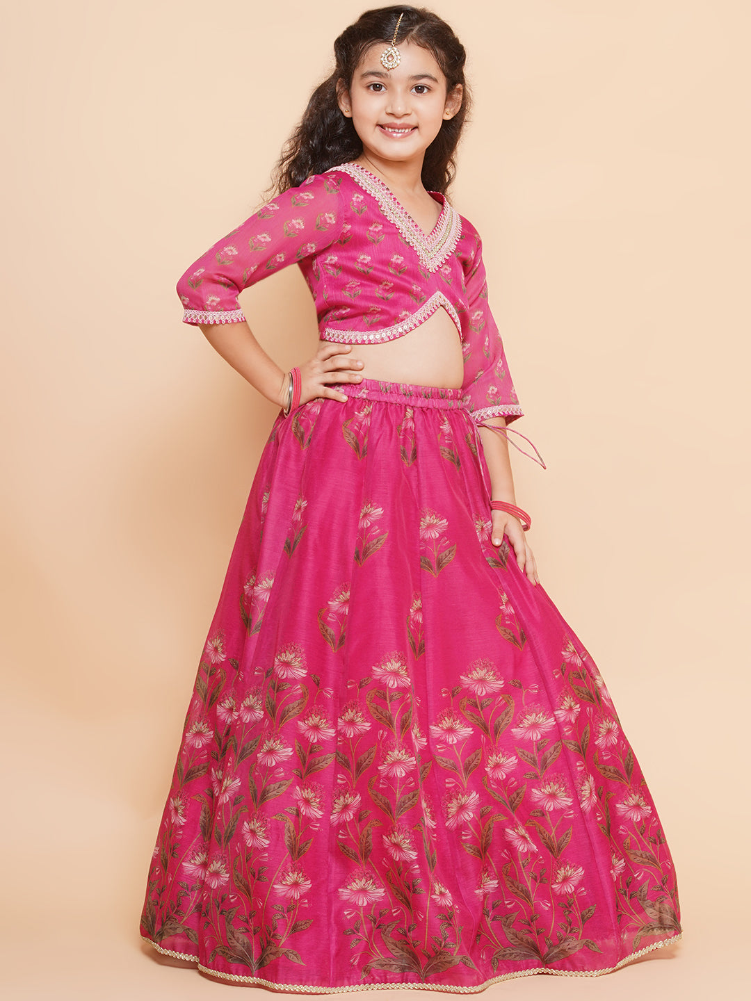 Girls Dark Pink Floral Printed Ready to Wear Lehenga & Blouse With Dupatta - Bhama - Distacart