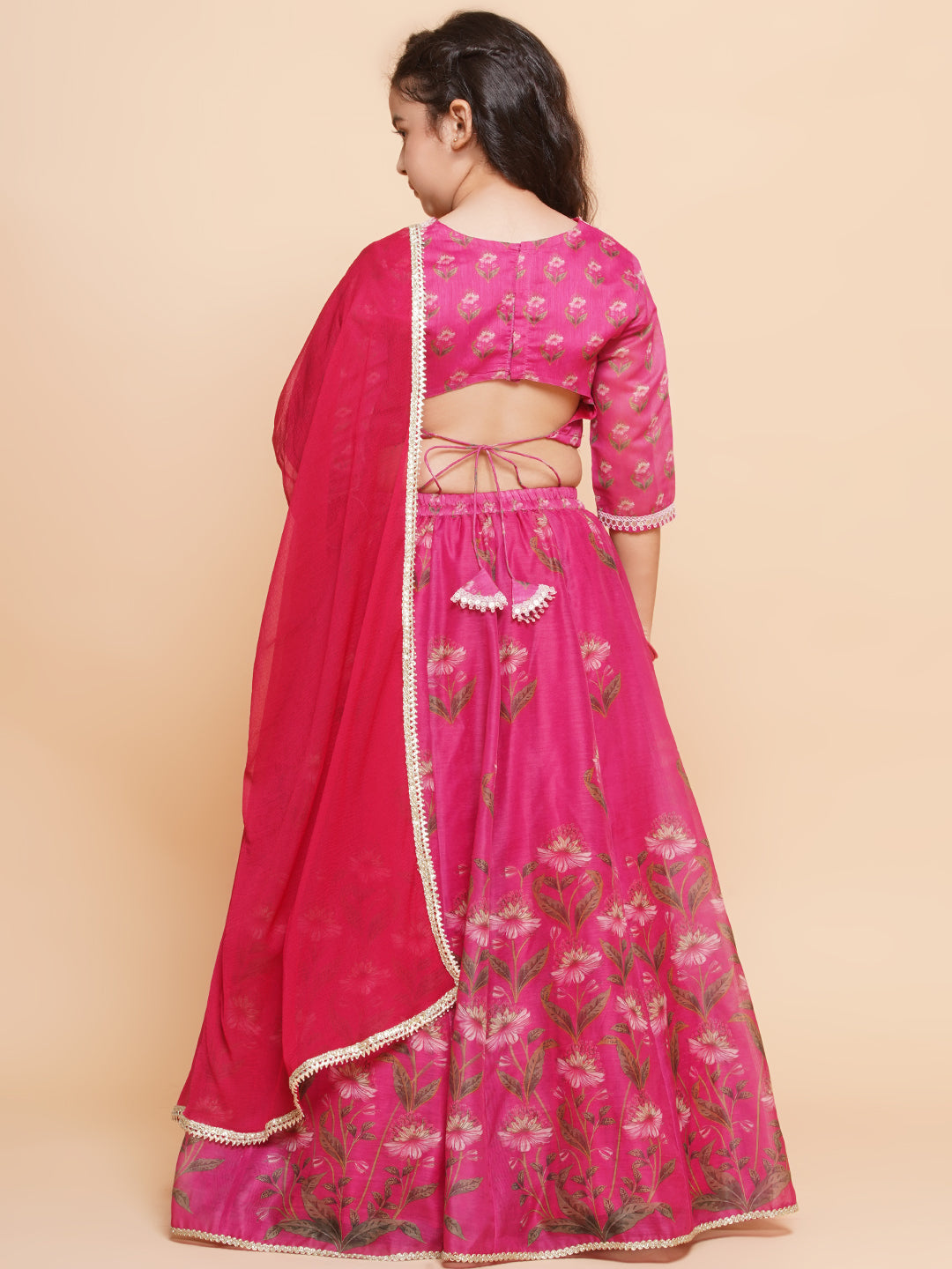 Girls Dark Pink Floral Printed Ready to Wear Lehenga & Blouse With Dupatta - Bhama - Distacart