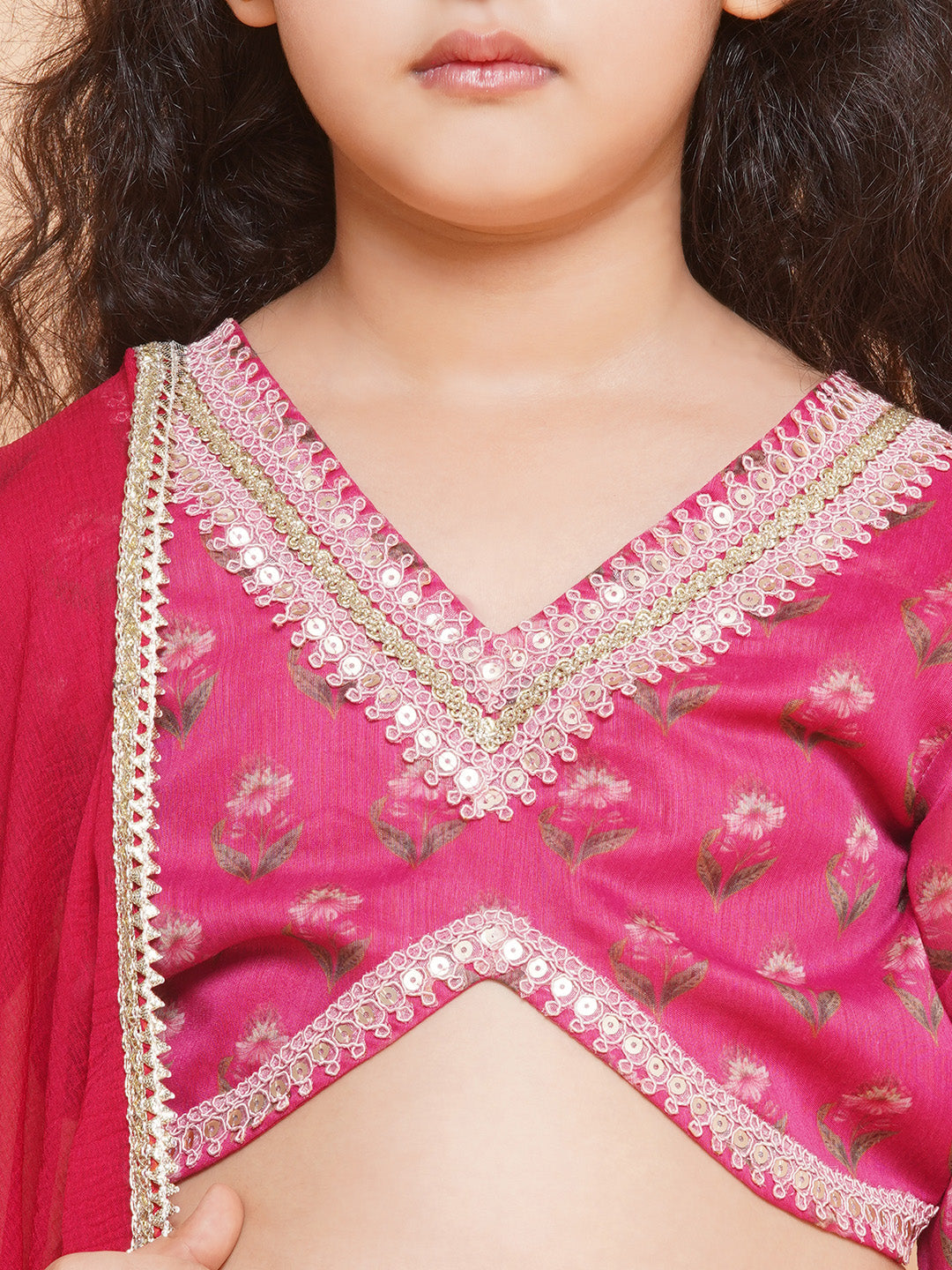 Girls Dark Pink Floral Printed Ready to Wear Lehenga & Blouse With Dupatta - Bhama - Distacart