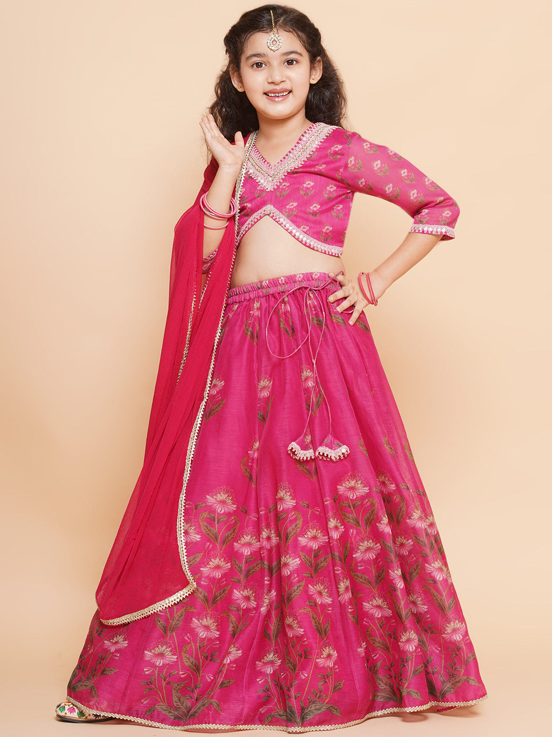 Girls Dark Pink Floral Printed Ready to Wear Lehenga & Blouse With Dupatta - Bhama - Distacart