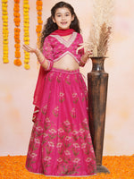 Thumbnail for Girls Dark Pink Floral Printed Ready to Wear Lehenga & Blouse With Dupatta - Bhama - Distacart