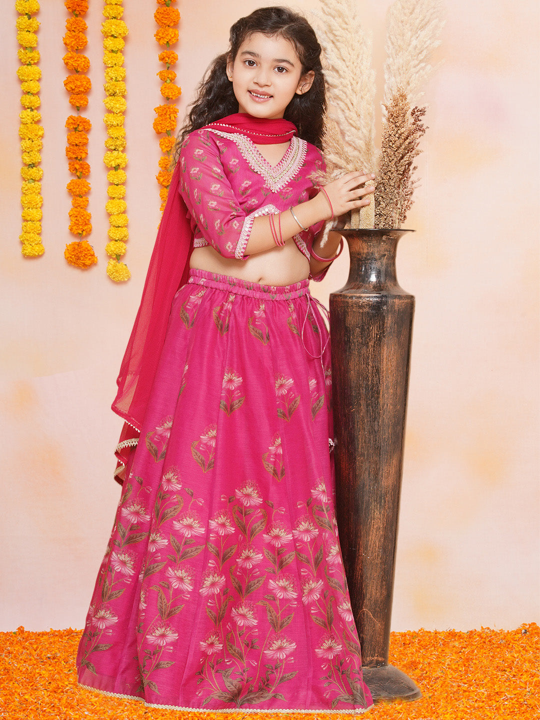Girls Dark Pink Floral Printed Ready to Wear Lehenga & Blouse With Dupatta - Bhama - Distacart