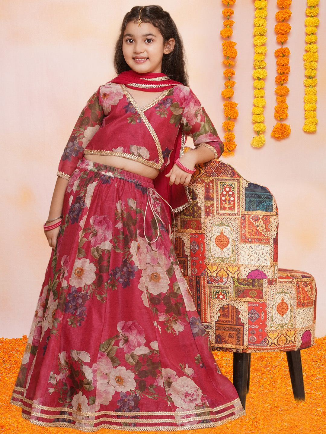 Girls Maroon Floral Printed Ready to Wear Lehenga & Blouse With Dupatta - Bhama - Distacart
