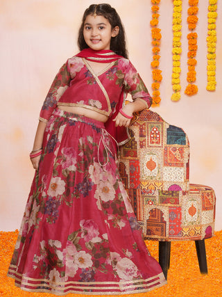 Girls Maroon Floral Printed Ready to Wear Lehenga & Blouse With Dupatta - Bhama - Distacart