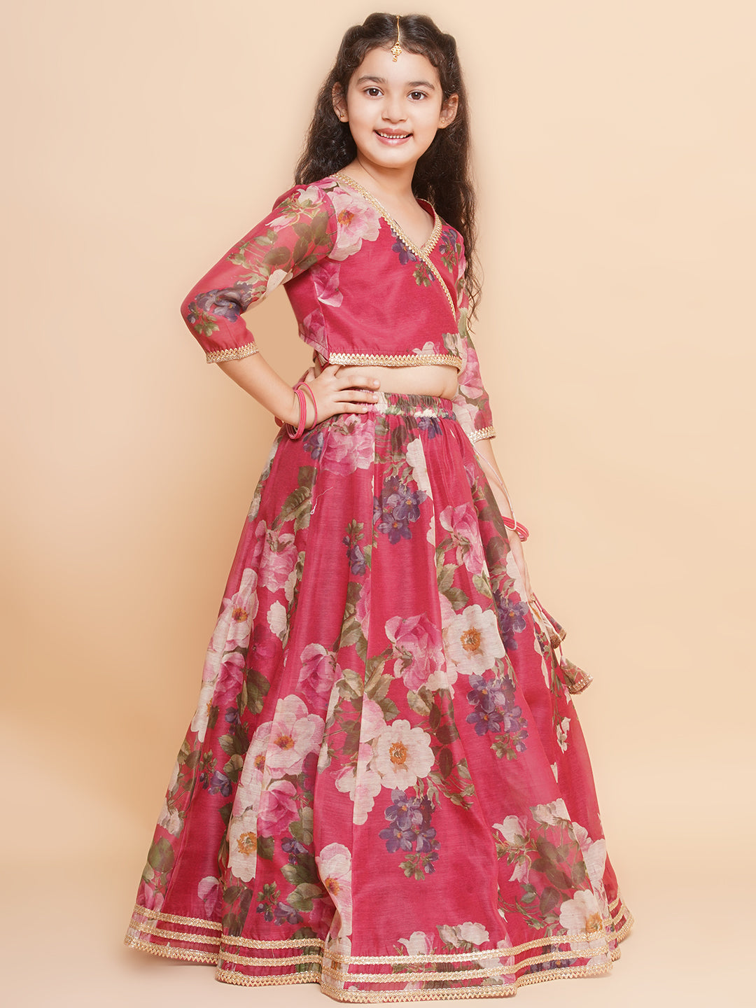 Girls Maroon Floral Printed Ready to Wear Lehenga & Blouse With Dupatta - Bhama - Distacart