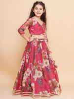 Thumbnail for Girls Maroon Floral Printed Ready to Wear Lehenga & Blouse With Dupatta - Bhama - Distacart