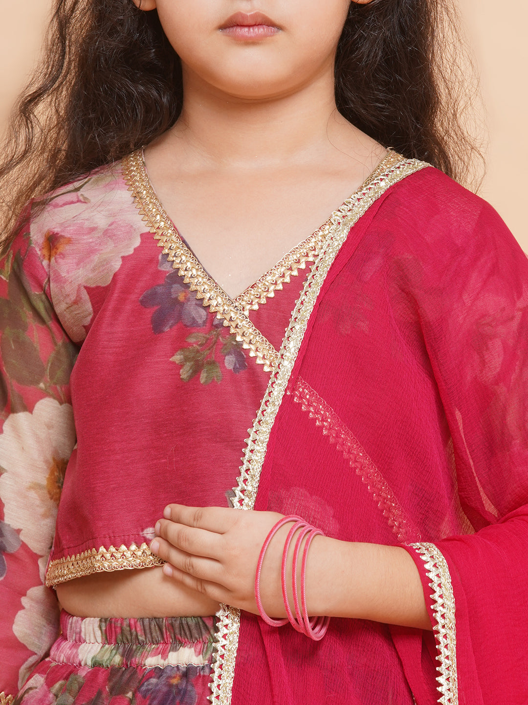 Girls Maroon Floral Printed Ready to Wear Lehenga & Blouse With Dupatta - Bhama - Distacart