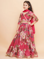 Thumbnail for Girls Maroon Floral Printed Ready to Wear Lehenga & Blouse With Dupatta - Bhama - Distacart