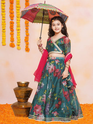 Girls Green Floral Printed Ready to Wear Lehenga & Blouse With Dupatta - Bhama - Distacart