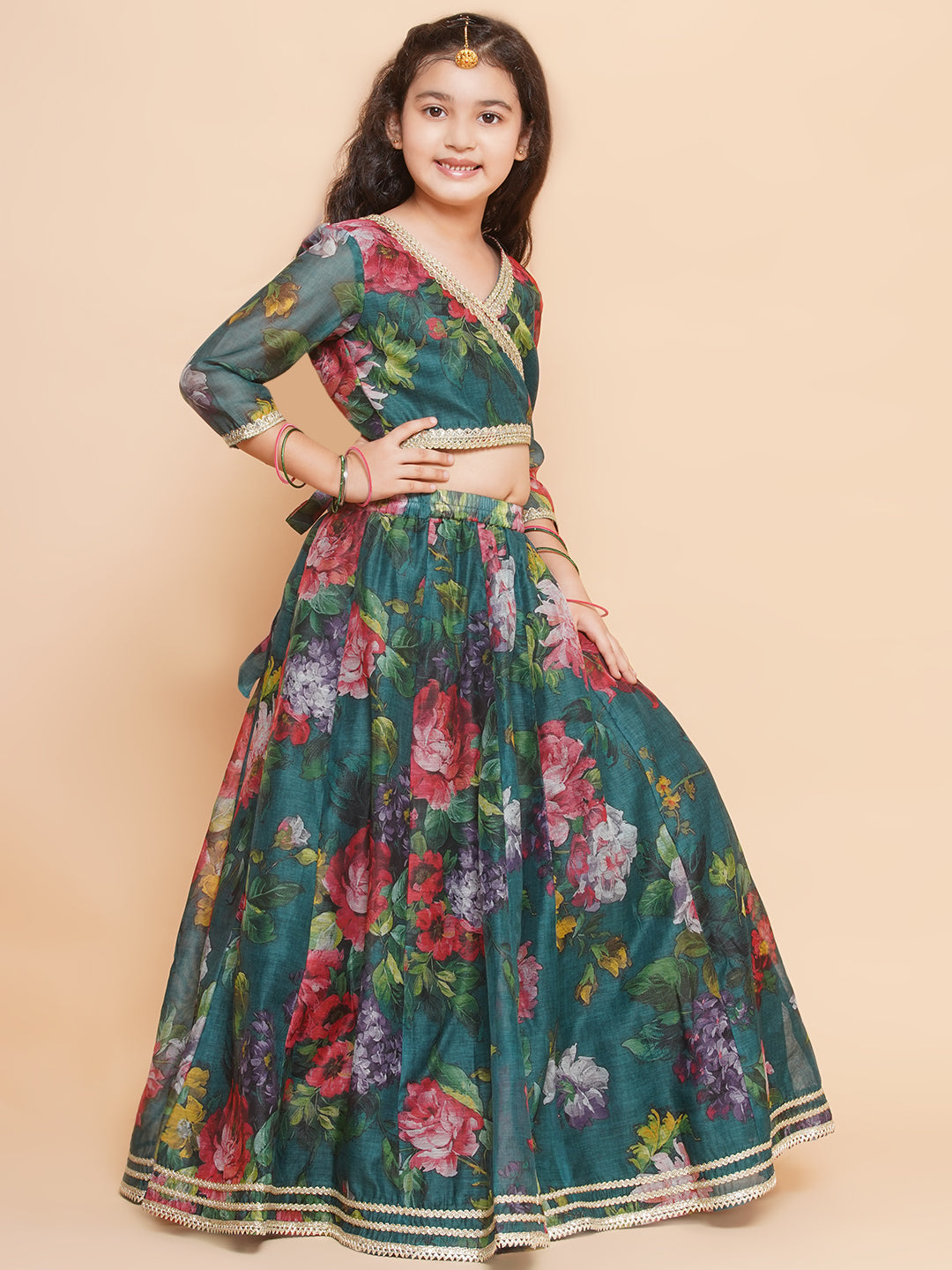Girls Green Floral Printed Ready to Wear Lehenga & Blouse With Dupatta - Bhama - Distacart