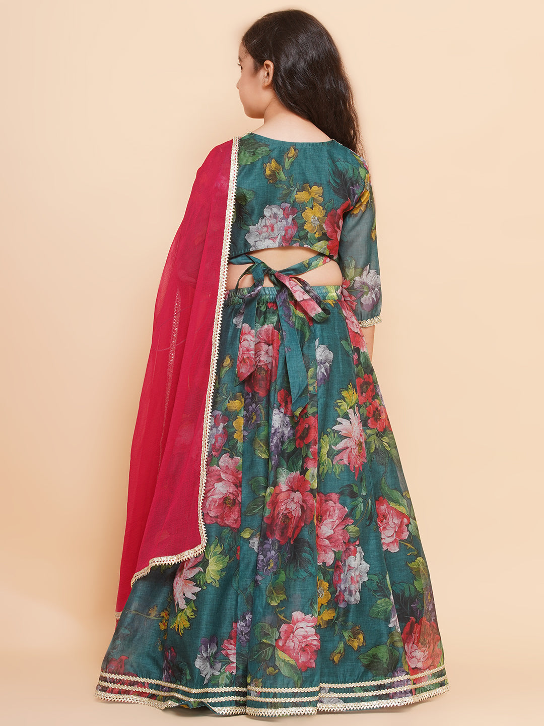 Girls Green Floral Printed Ready to Wear Lehenga & Blouse With Dupatta - Bhama - Distacart