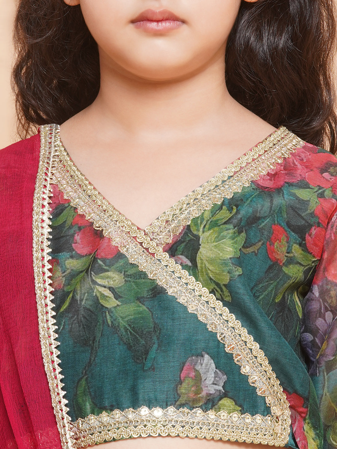 Girls Green Floral Printed Ready to Wear Lehenga & Blouse With Dupatta - Bhama - Distacart
