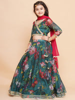 Thumbnail for Girls Green Floral Printed Ready to Wear Lehenga & Blouse With Dupatta - Bhama - Distacart