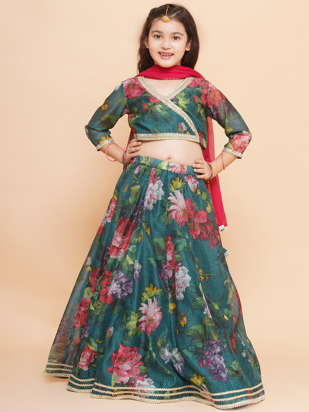 Girls Green Floral Printed Ready to Wear Lehenga & Blouse With Dupatta - Bhama - Distacart