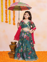 Thumbnail for Girls Green Floral Printed Ready to Wear Lehenga & Blouse With Dupatta - Bhama - Distacart