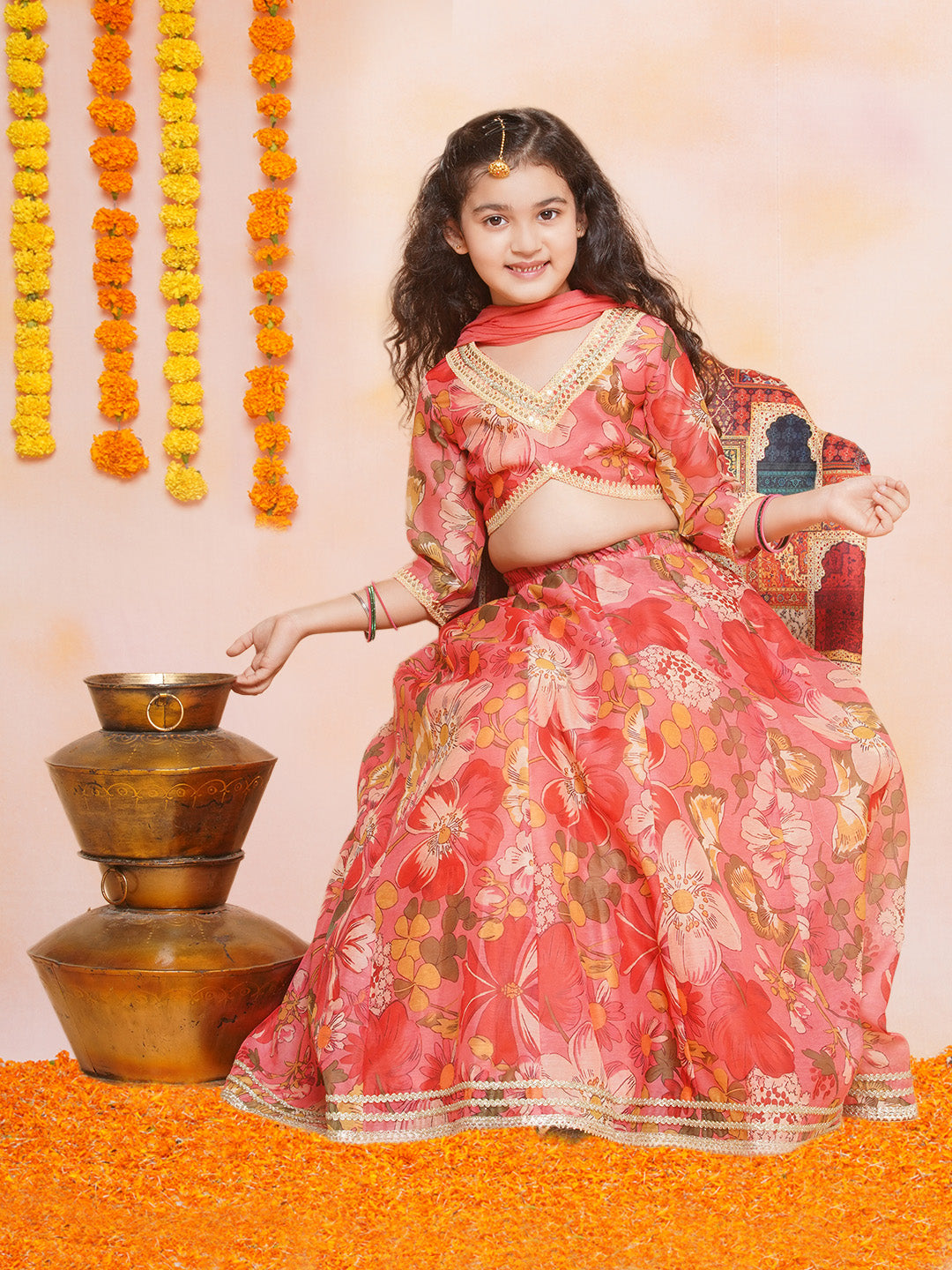 Girls Floral Printed Ready to Wear Lehenga & Blouse With Dupatta - Bhama - Distacart