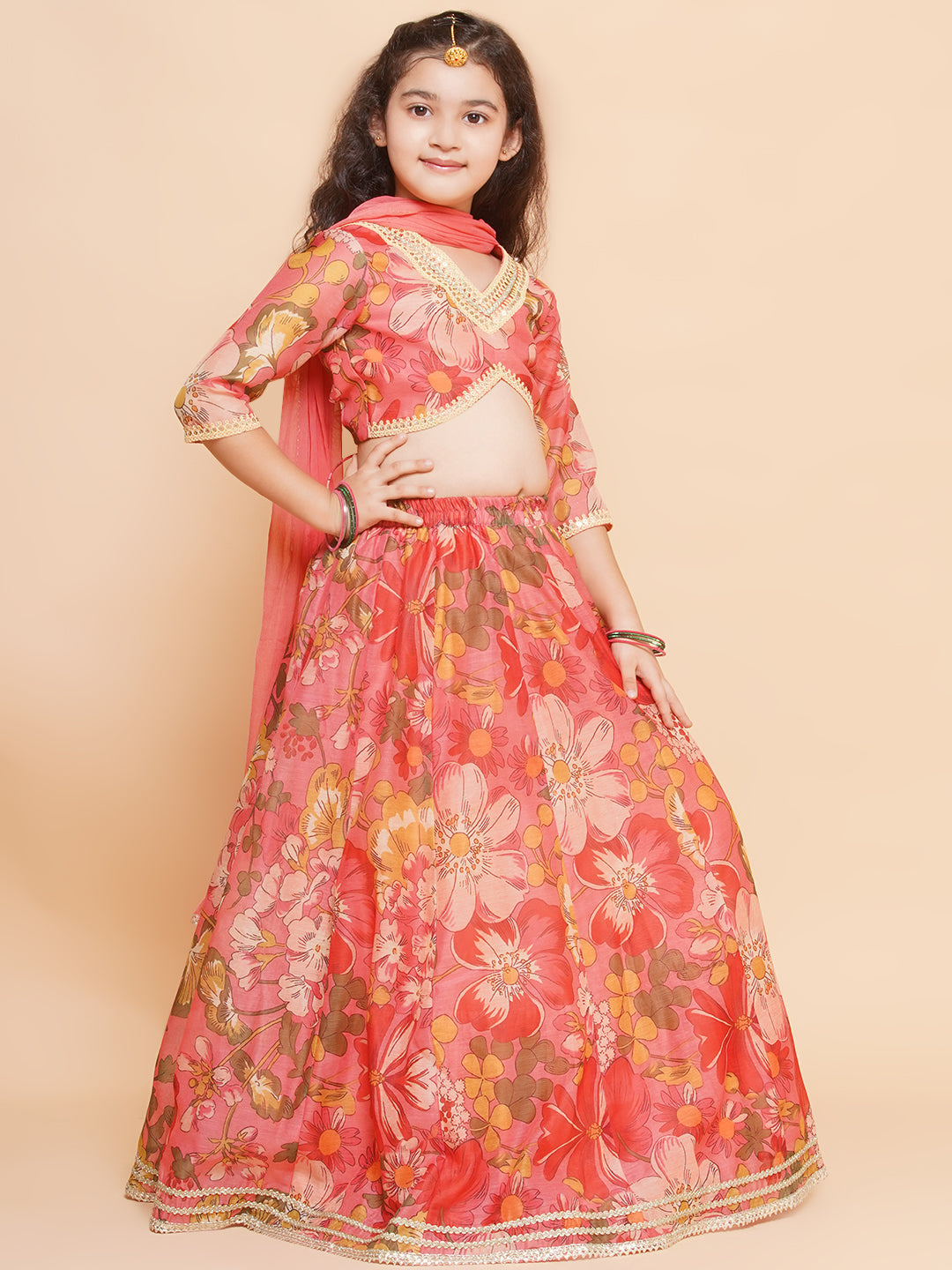 Girls Floral Printed Ready to Wear Lehenga & Blouse With Dupatta - Bhama - Distacart