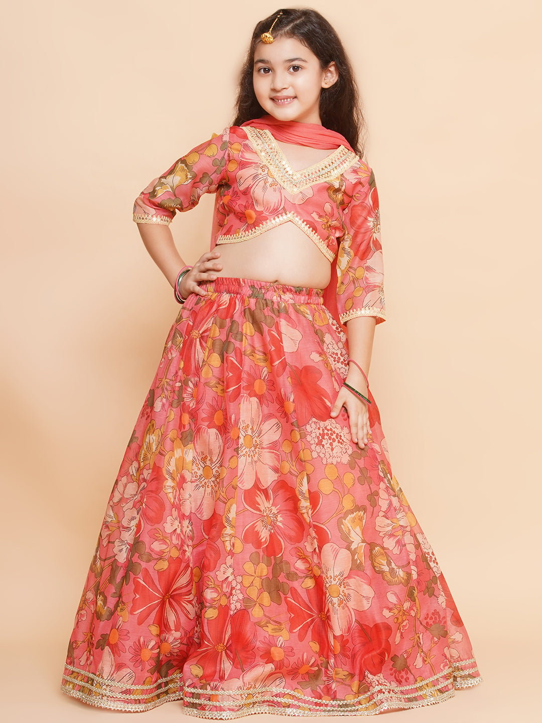 Girls Floral Printed Ready to Wear Lehenga & Blouse With Dupatta - Bhama - Distacart