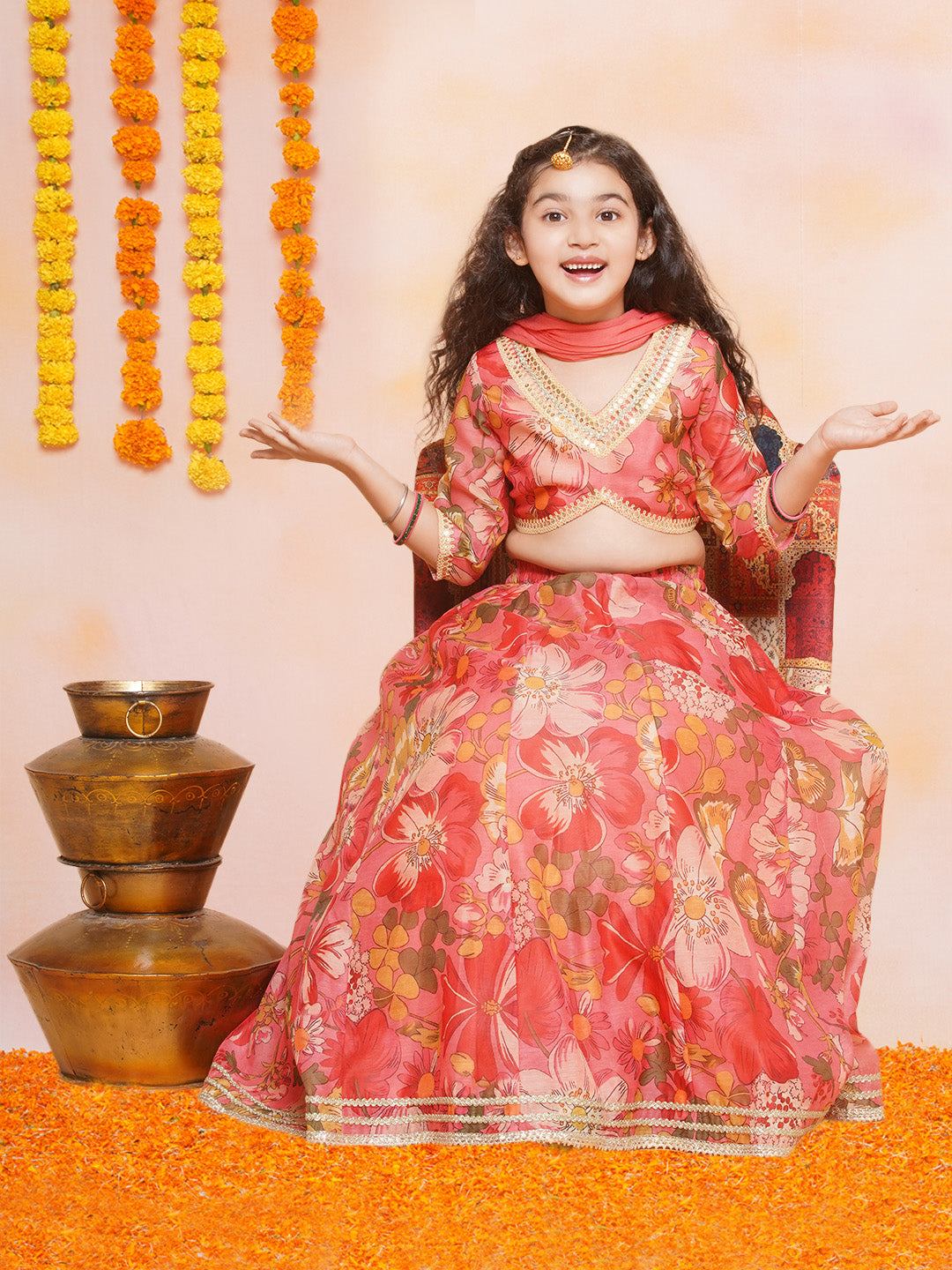 Girls Floral Printed Ready to Wear Lehenga & Blouse With Dupatta - Bhama - Distacart