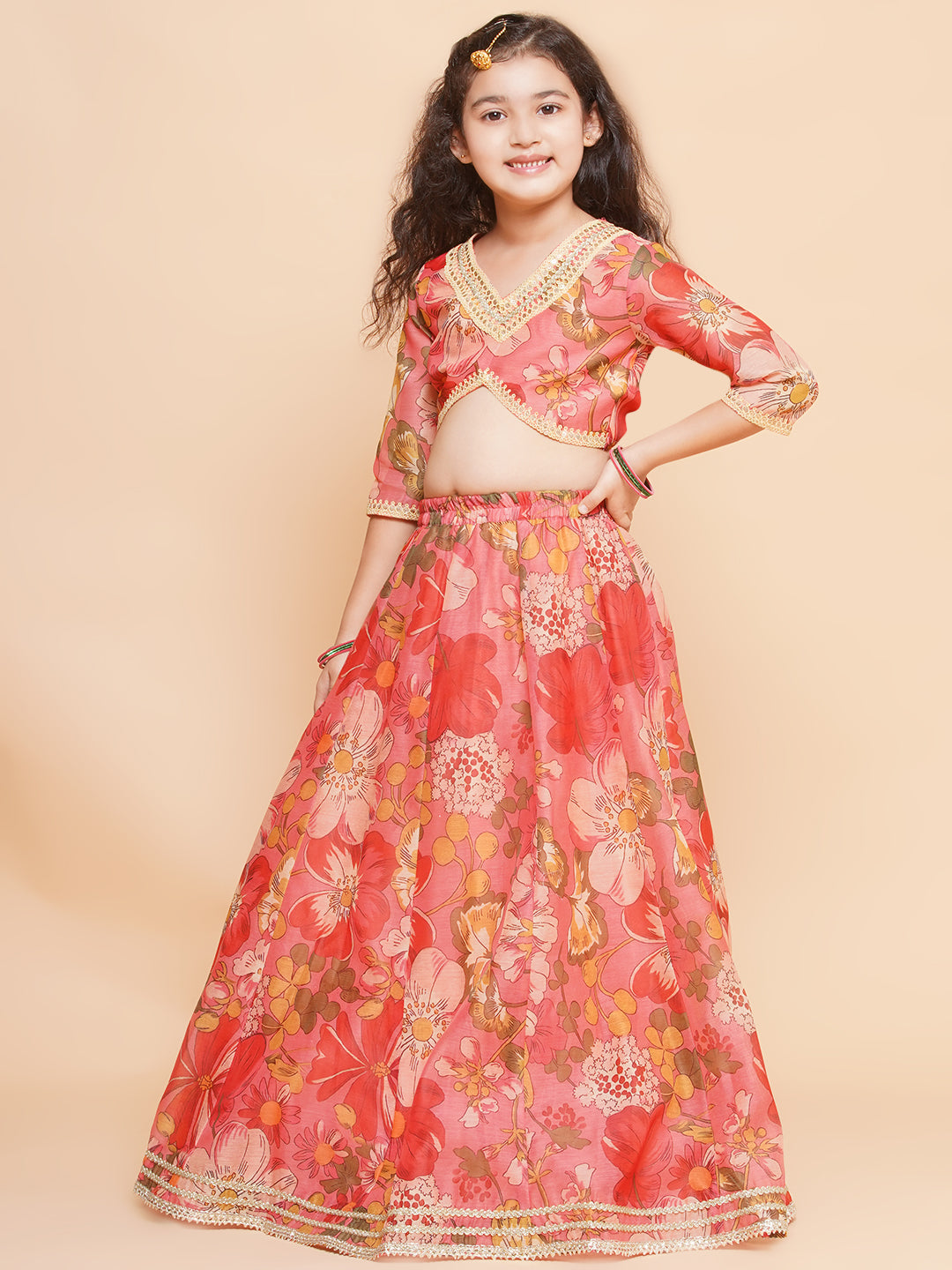 Girls Floral Printed Ready to Wear Lehenga & Blouse With Dupatta - Bhama - Distacart