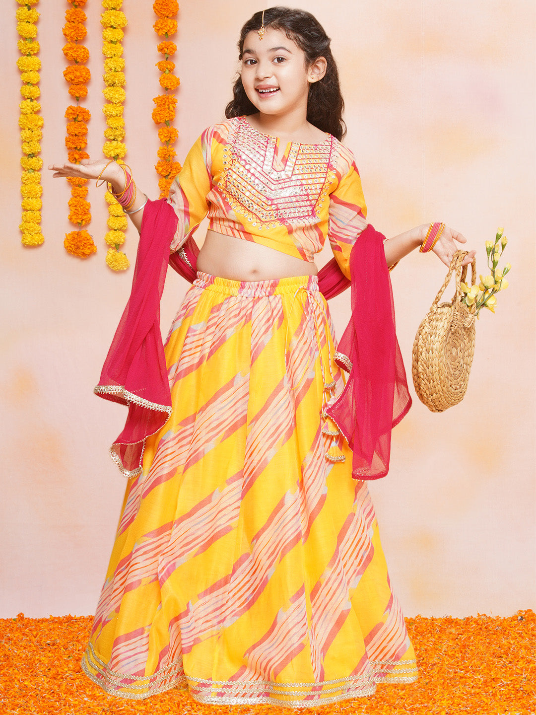 Girls Yellow & Pink Embroidered Choli Yellow Lehariya Printed Lehenga with Dupatta - Bhama - Distacart