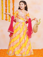 Thumbnail for Girls Yellow & Pink Embroidered Choli Yellow Lehariya Printed Lehenga with Dupatta - Bhama - Distacart