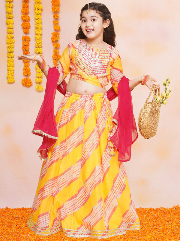 Girls Yellow & Pink Embroidered Choli Yellow Lehariya Printed Lehenga with Dupatta - Bhama - Distacart