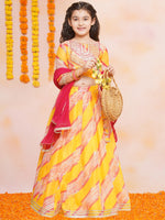 Thumbnail for Girls Yellow & Pink Embroidered Choli Yellow Lehariya Printed Lehenga with Dupatta - Bhama - Distacart