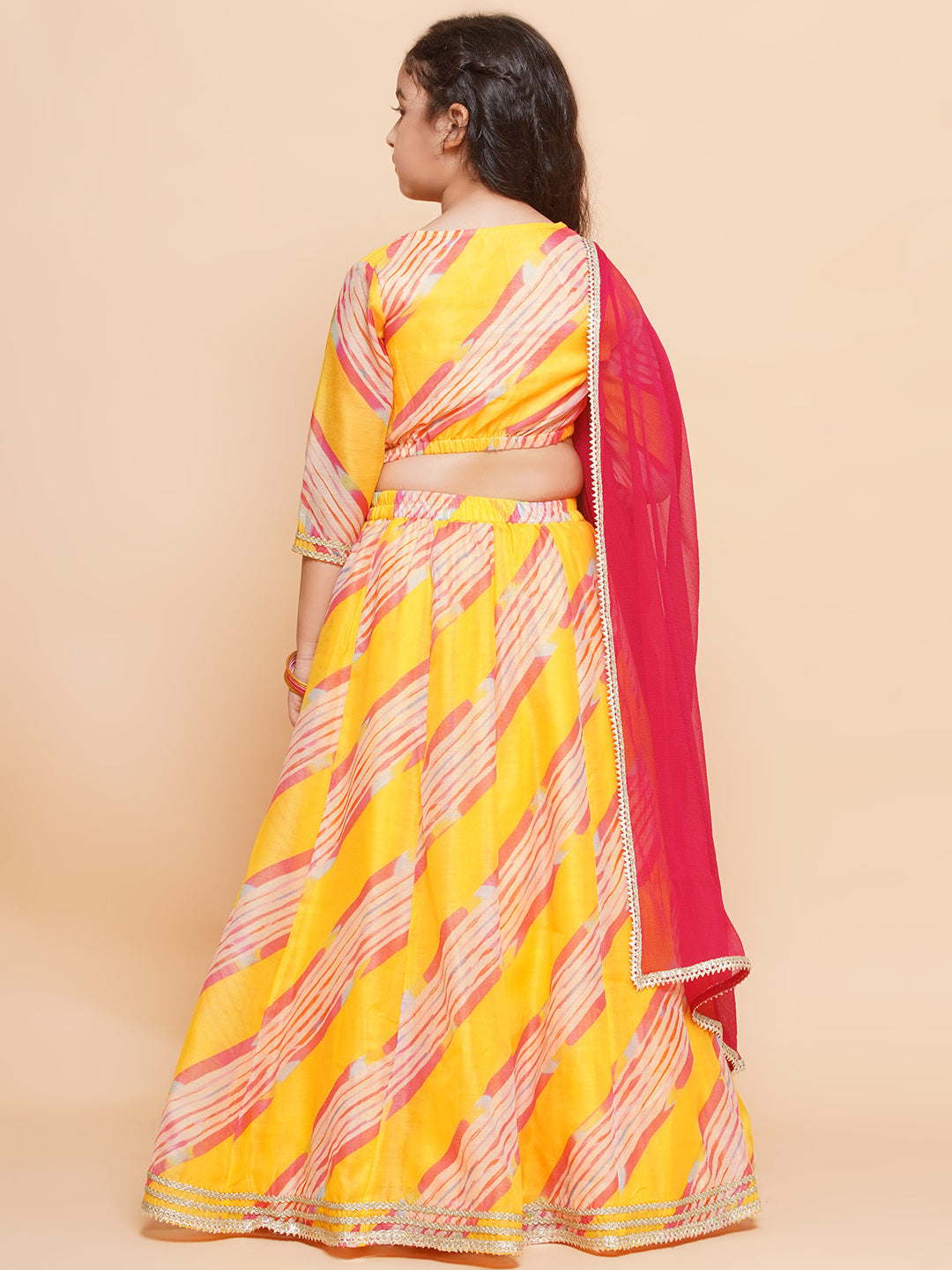 Girls Yellow & Pink Embroidered Choli Yellow Lehariya Printed Lehenga with Dupatta - Bhama - Distacart
