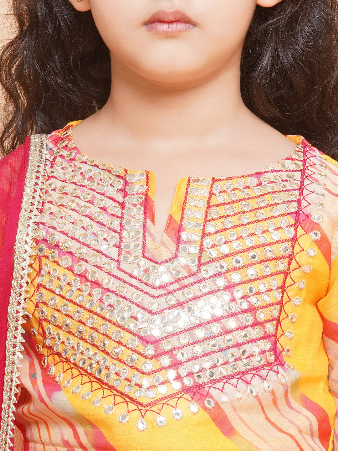 Girls Yellow & Pink Embroidered Choli Yellow Lehariya Printed Lehenga with Dupatta - Bhama - Distacart