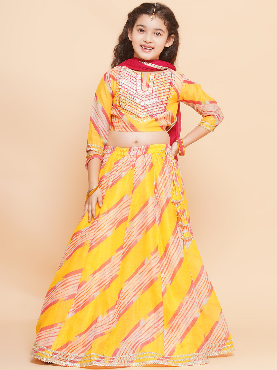 Girls Yellow & Pink Embroidered Choli Yellow Lehariya Printed Lehenga with Dupatta - Bhama - Distacart