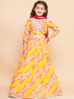 Thumbnail for Girls Yellow & Pink Embroidered Choli Yellow Lehariya Printed Lehenga with Dupatta - Bhama - Distacart