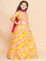 Thumbnail for Girls Yellow & Pink Embroidered Choli Yellow Lehariya Printed Lehenga with Dupatta - Bhama - Distacart