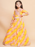 Thumbnail for Girls Yellow & Pink Embroidered Choli Yellow Lehariya Printed Lehenga with Dupatta - Bhama - Distacart