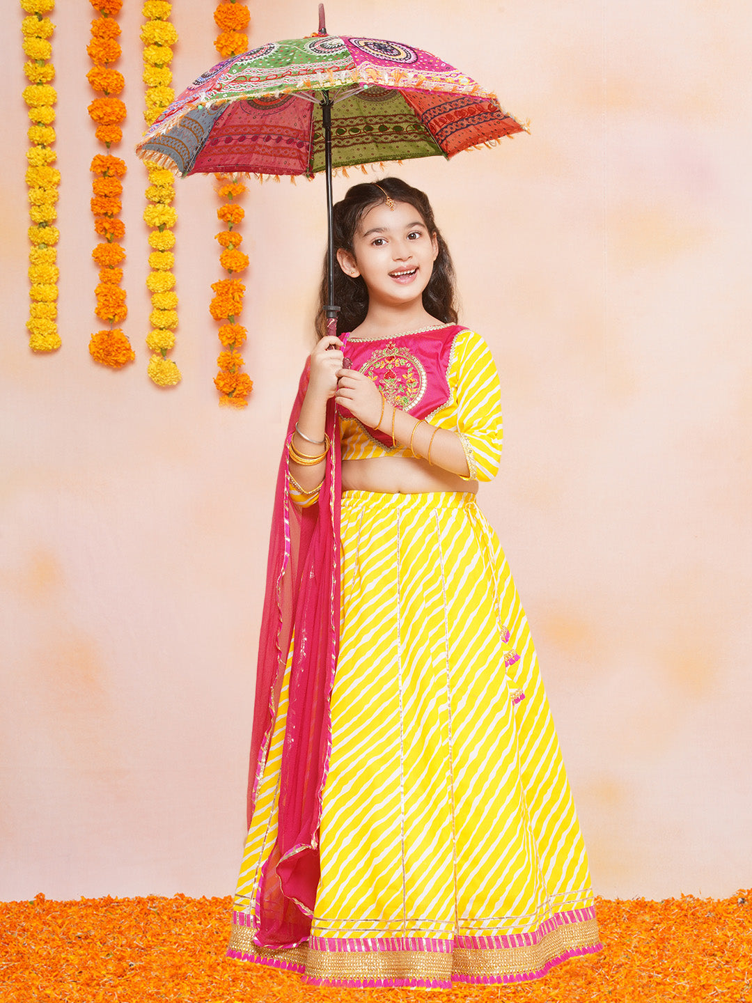 Girls Yellow Leheriya Printed Lehenga & Pink Embroidered Choli with Dupatta for Kids - Bhama - Distacart