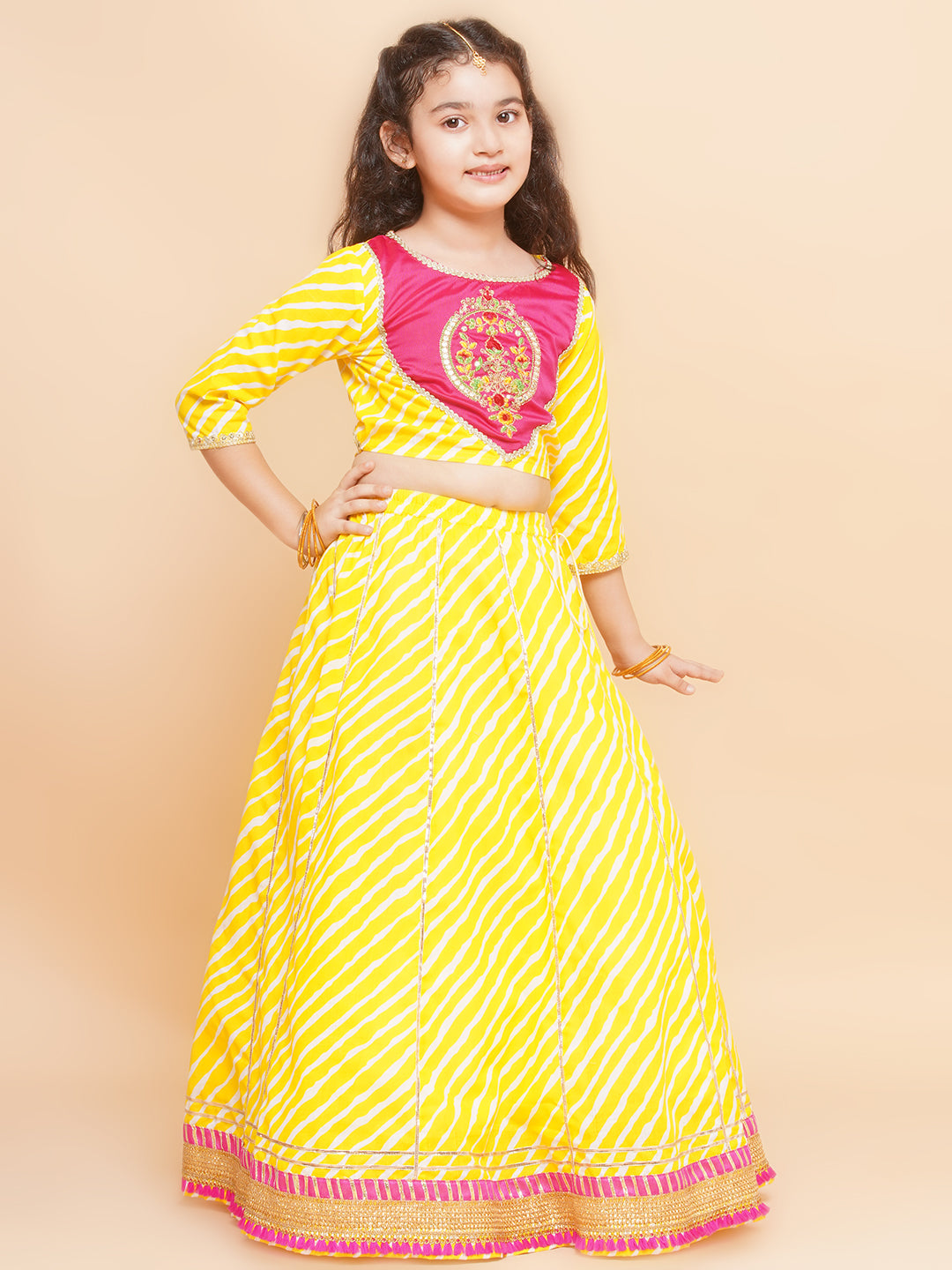 Girls Yellow Leheriya Printed Lehenga & Pink Embroidered Choli with Dupatta for Kids - Bhama - Distacart