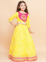 Thumbnail for Girls Yellow Leheriya Printed Lehenga & Pink Embroidered Choli with Dupatta for Kids - Bhama - Distacart