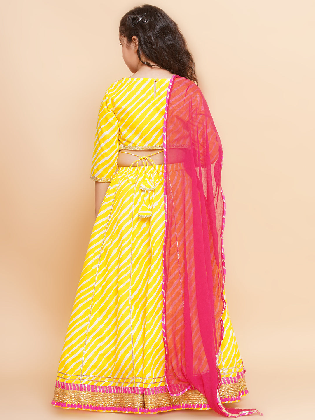 Girls Yellow Leheriya Printed Lehenga & Pink Embroidered Choli with Dupatta for Kids - Bhama - Distacart