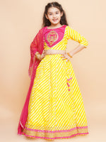Thumbnail for Girls Yellow Leheriya Printed Lehenga & Pink Embroidered Choli with Dupatta for Kids - Bhama - Distacart