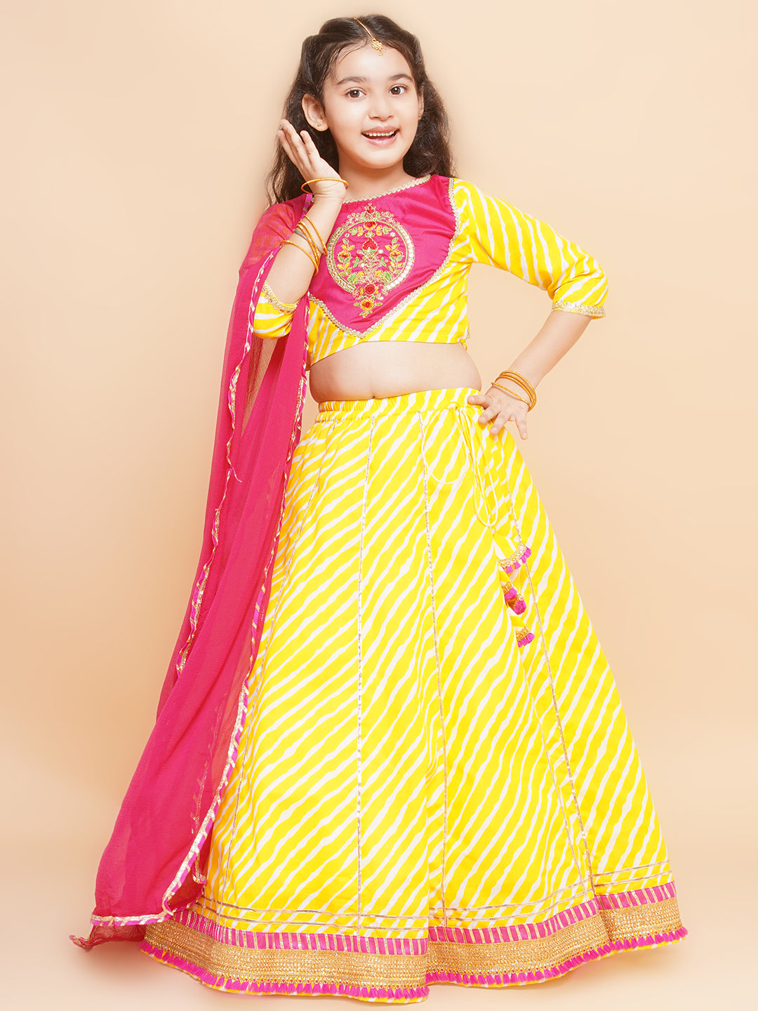 Girls Yellow Leheriya Printed Lehenga & Pink Embroidered Choli with Dupatta for Kids - Bhama - Distacart