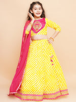 Thumbnail for Girls Yellow Leheriya Printed Lehenga & Pink Embroidered Choli with Dupatta for Kids - Bhama - Distacart