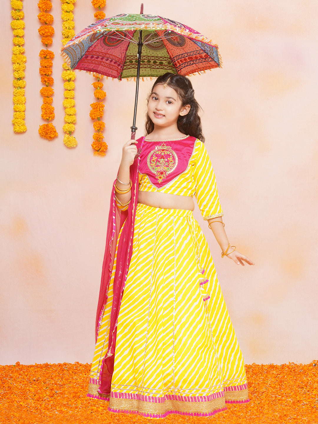 Girls Yellow Leheriya Printed Lehenga & Pink Embroidered Choli with Dupatta for Kids - Bhama - Distacart